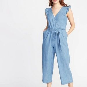 Old Navy Chambray Faux Wrap Tie Belt Jumpsuit Sz S